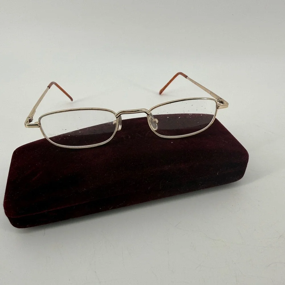 Vintage Gold Metal Narrow Rectangular Eyeglasses Frames Tortoise Tips 90s Style
